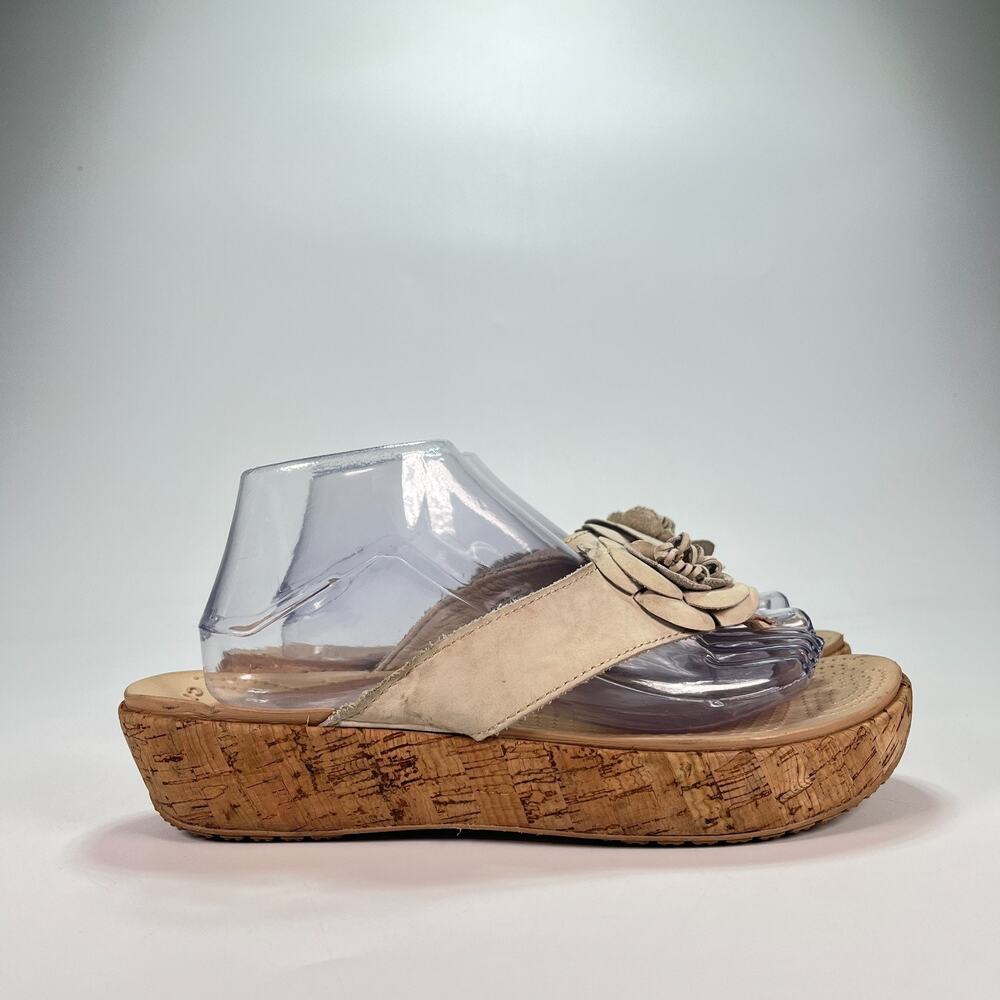 Crocs Floral Cream Leather Platform Comfort Slip On Wedge Sandals Womens Size 10